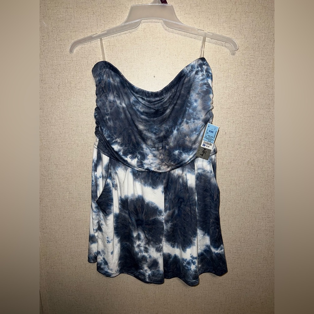 Strapless blue and white tie dye shorts romper with pockets.